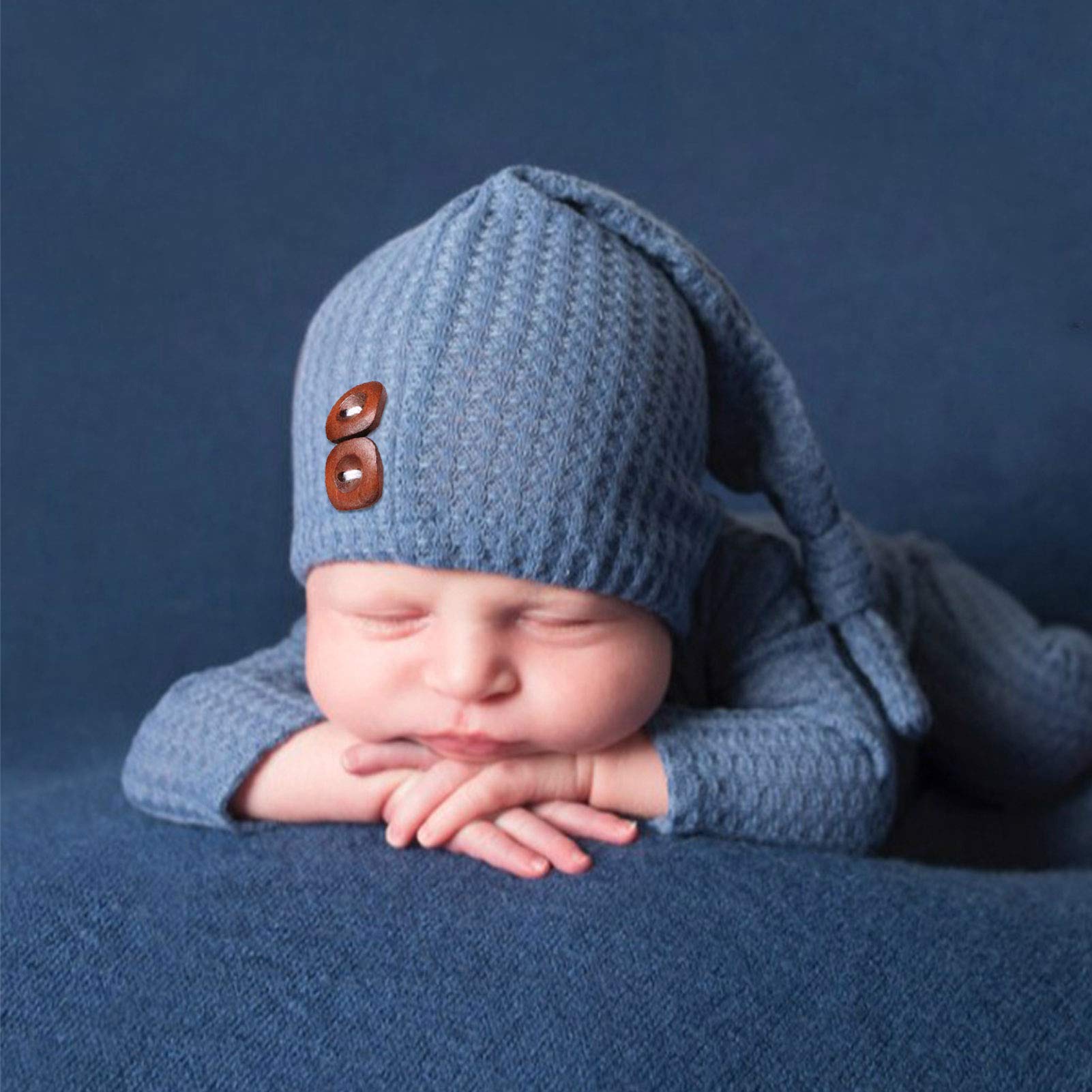 Newborn Romper Photo Prop Baby Jammies Pajamas with Long Tail Hat Photography Props, Baby Boy Knitted Outfits Crochet Hat Pants Set (Blue)
