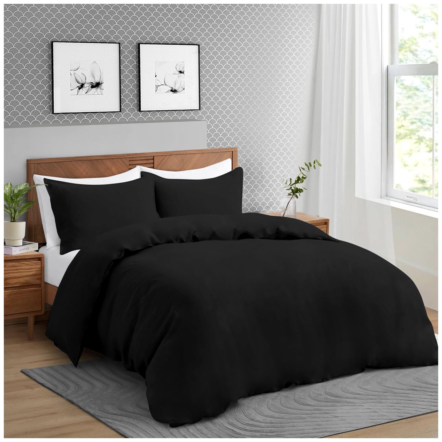 GC GAVENO CAVAILIA Microfiber Duvet Covers Double (200x200 cm) - Breathable Comforter Cover & Pillow cases - Super Soft Anti Allergic Bedding Quilt Cover - Black