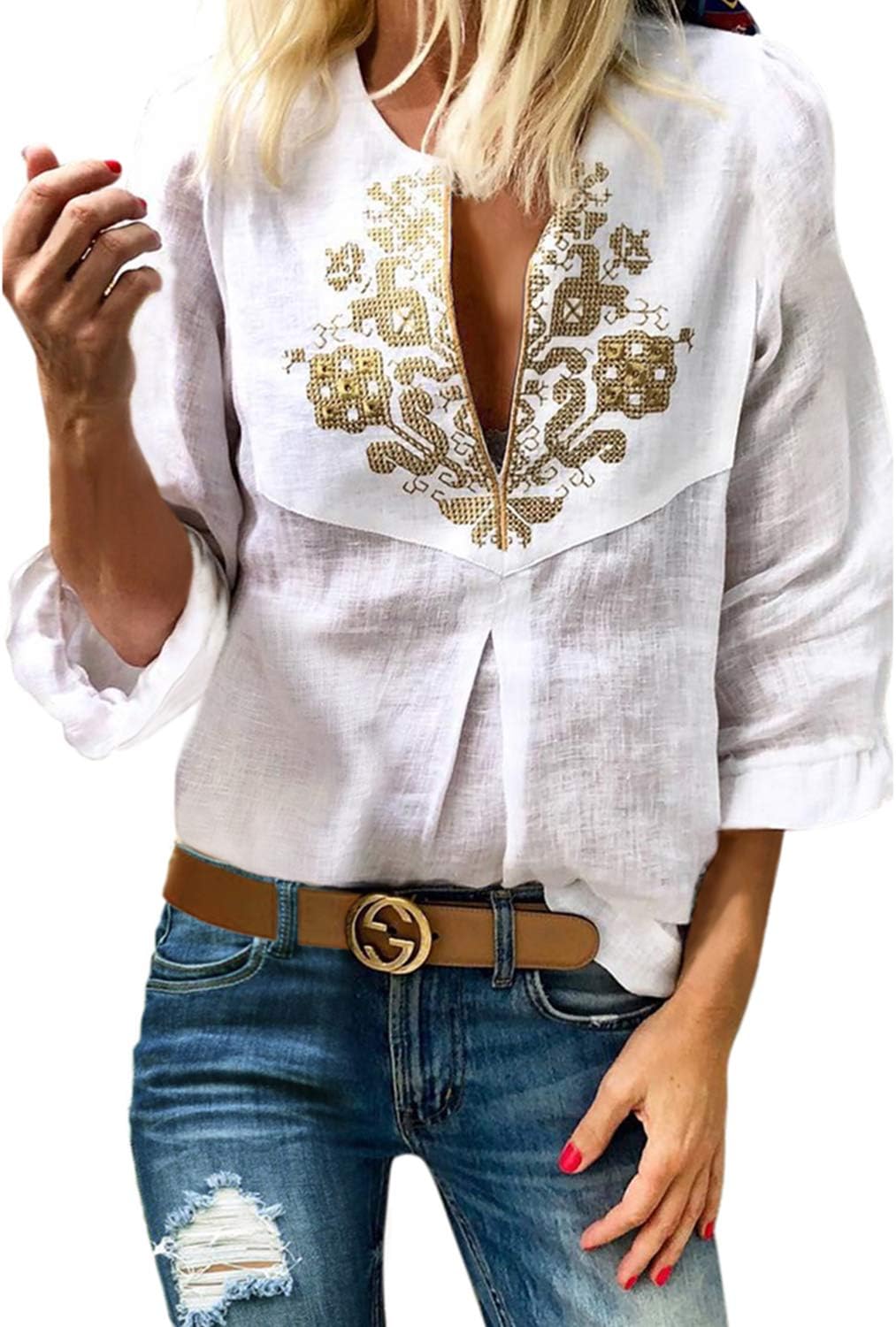 MANSY Women's Casual V Neck Boho Embroidered T-Shirt Tops Loose Blouse