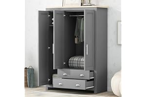LZ LEISURE ZONE 3 Doors Wooden Wardrobe with 2 Hanging Rods, Armoire Wardrobe Closet with 2 Drawers, Freestanding Wardrobe Clothes Organizer Cabinet, Bedroom Armoires, Gray
