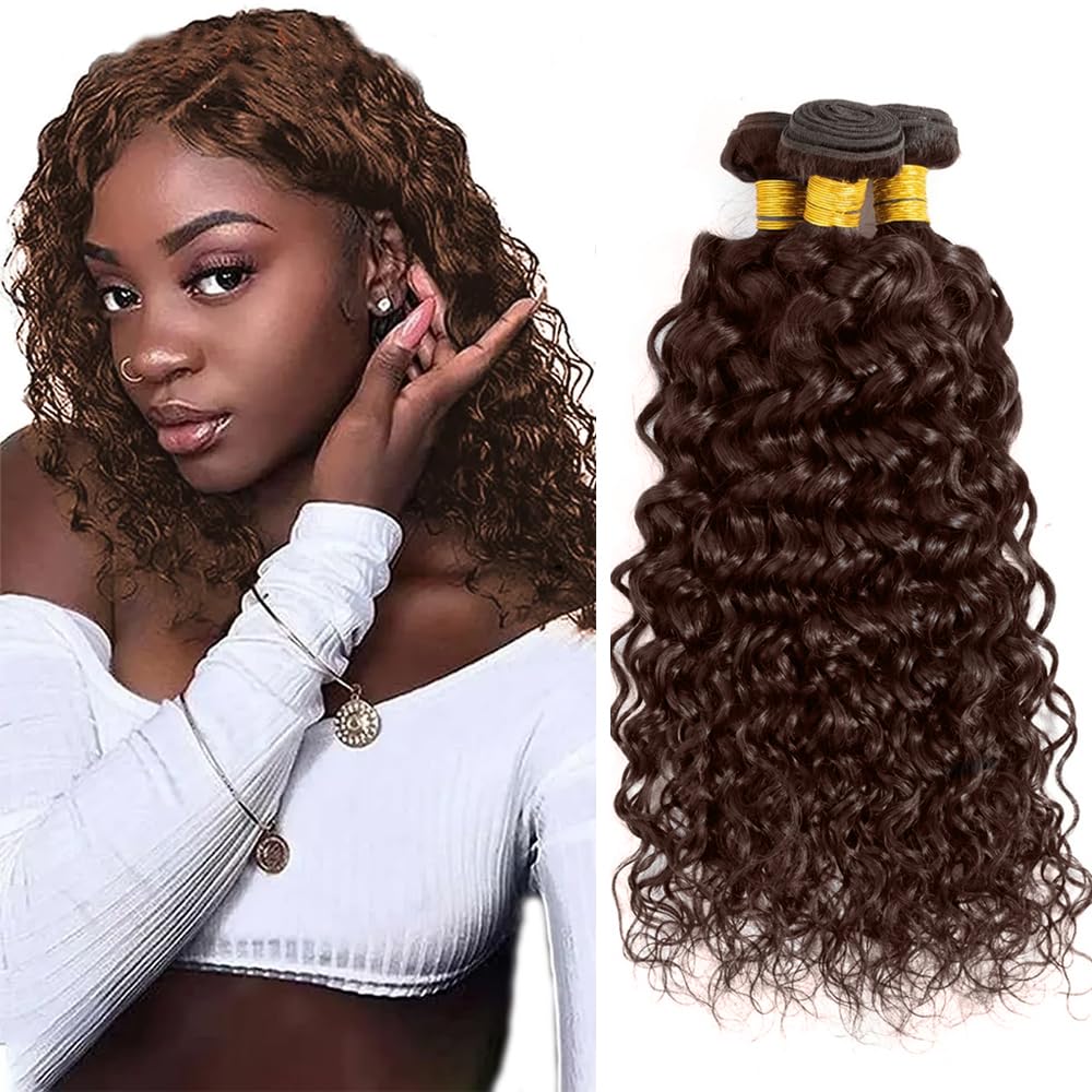 Photo 1 of #4 Brown Bundles Human Hair Water Wave Bundles Human Hair 12 14 16 Inch Brazilian Hair 3 Bundle Chocolate Unprocessed Virgin Remy Hair Extensions 50 Gram Per Bundle