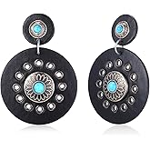 Western Turquoise Earrings for Women Cowboy PU Leather Round Drop Dangle Earrings Bohemian Disc Earrings for Country Concerts Cowgirl Vintage Party Costume Accessories