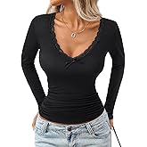 Rooscier Women's Lace V Neck Tee Long Sleeve Slim Fit Bow Knot Sexy T Shirt Top