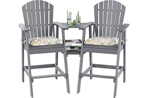 Sundale Outdoor Tall Adirondack Chairs Set of 2 with Table, Patio HDPE Bar Set, 3 PCS Counter Height Dining Bistro Set, Pub Table with Stools, 2 Umbrella Hole Caps, Medium Gray
