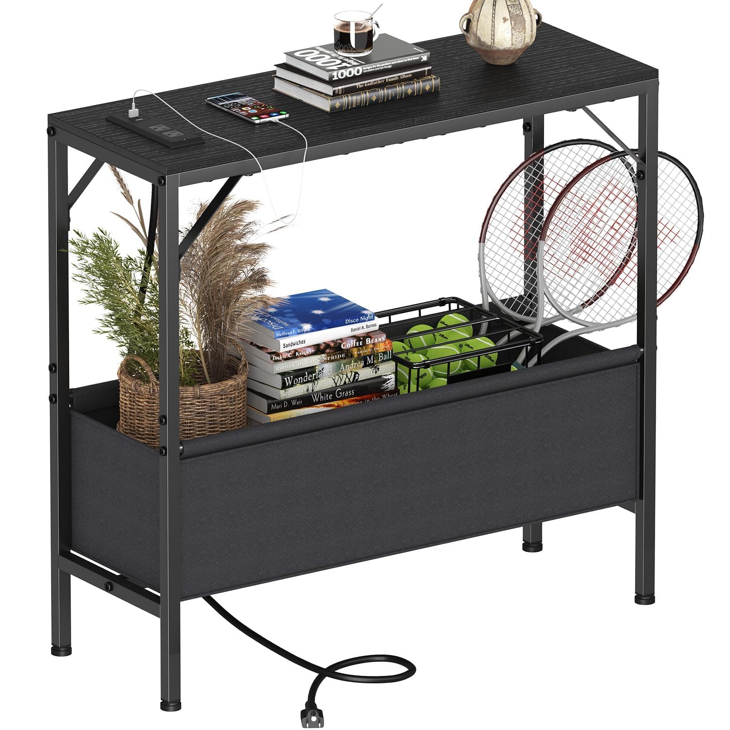 Photo 1 of Asgolion Skinny Console Table with Charging Station and Storage Basket, 31.5'' Couch Table Behind Sofa, Small Entryway Table, Narrow Sofa Table for Hallway, Foyer, Living Room, Black