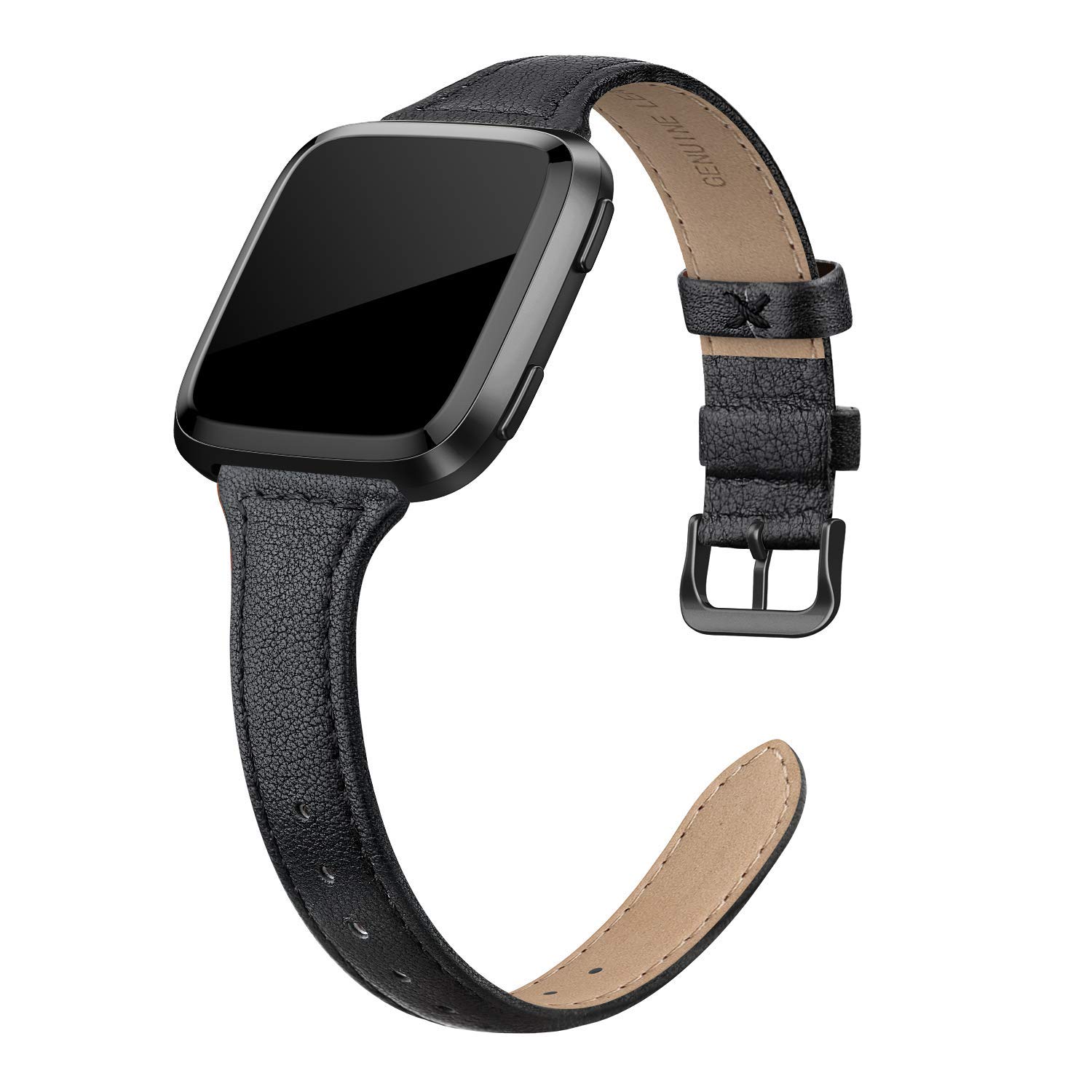 EDIMENS Genuine Leather Strap Compatible with Fitbit Versa 2 / Fitbit Versa Lite & SE/Fitbit Versa, Slim Thin Replacement Leather Strap for Versa Women Men (Black(black buckle))