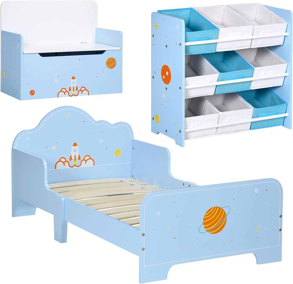 ZONEKIZ Kids Bedroom Furniture Set - Bed, Toy Box, Storage Unit - Blue