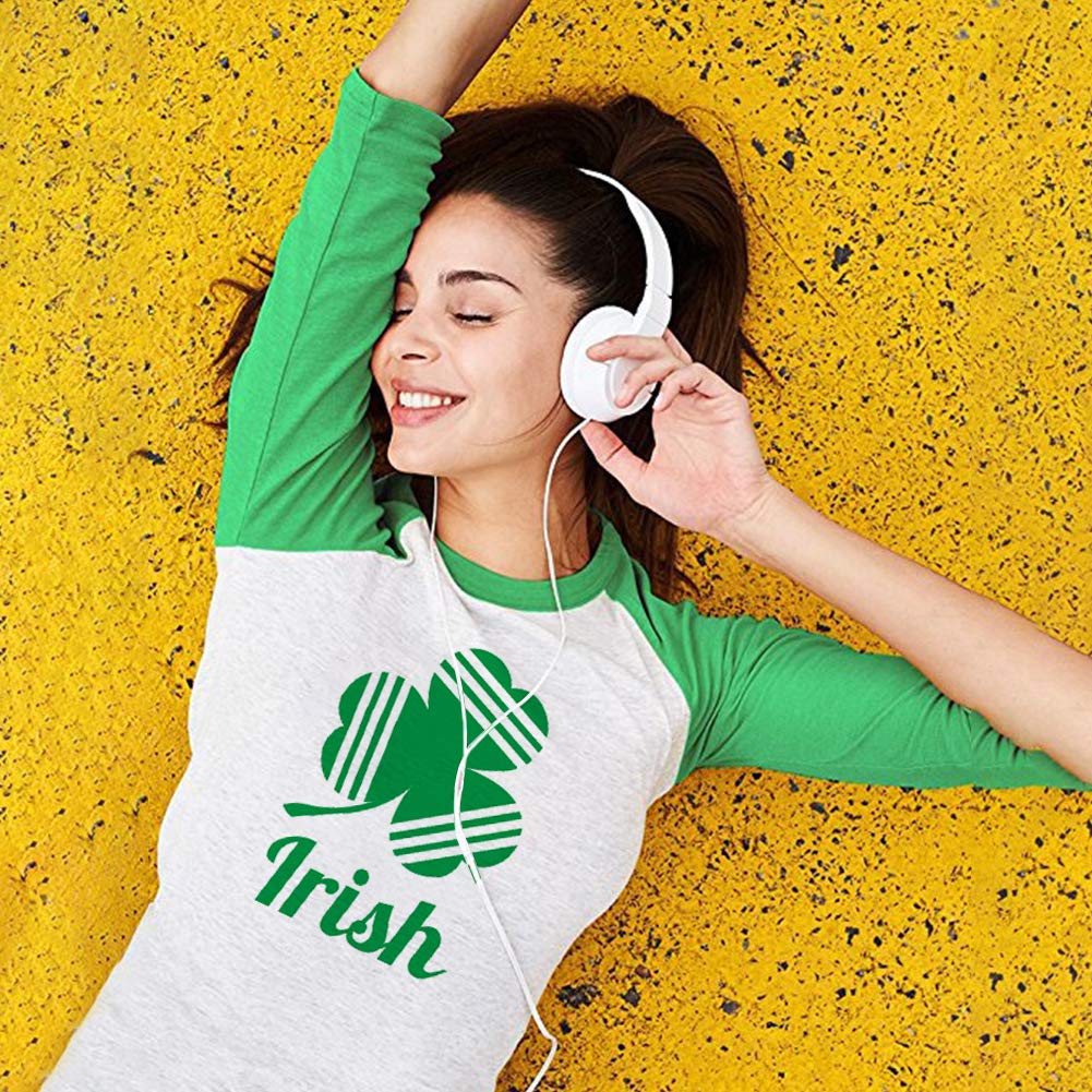 Freesooth St Patrick\'s Day Irish Shamrock Women 3/4 Sleeve Baseball Jersey Shirt Unisex Raglan T-Shirt Green