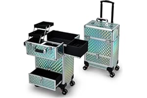 Hododou Rolling Makeup Case with Drawer Travel Trolley Cosmetology Case on Wheel Makeup Storage Salon Barber Case Traveling Cart Trunk for Cosmetologist Nail Tech Hairstylist - Blue