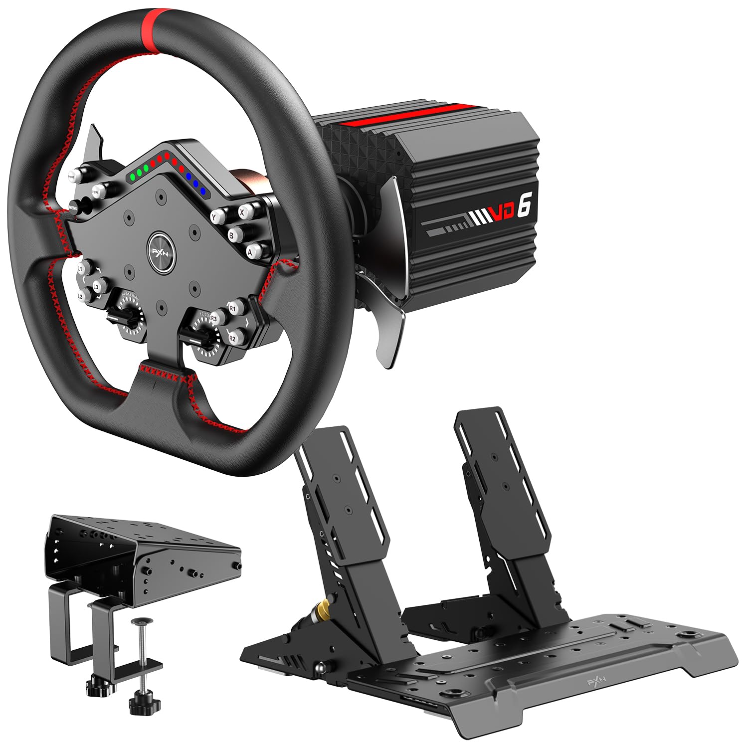 PXN VD6 Direct Drive Bundle - PC Steering Wheel and Pedals – 6 Nm Direct Drive Servo Motor Base, W DS R2 Racing Wheel, Hall Effect 2-Pedal, and Table Clamp – Professional Sim Racing Setup for Windows PC (7–11)
