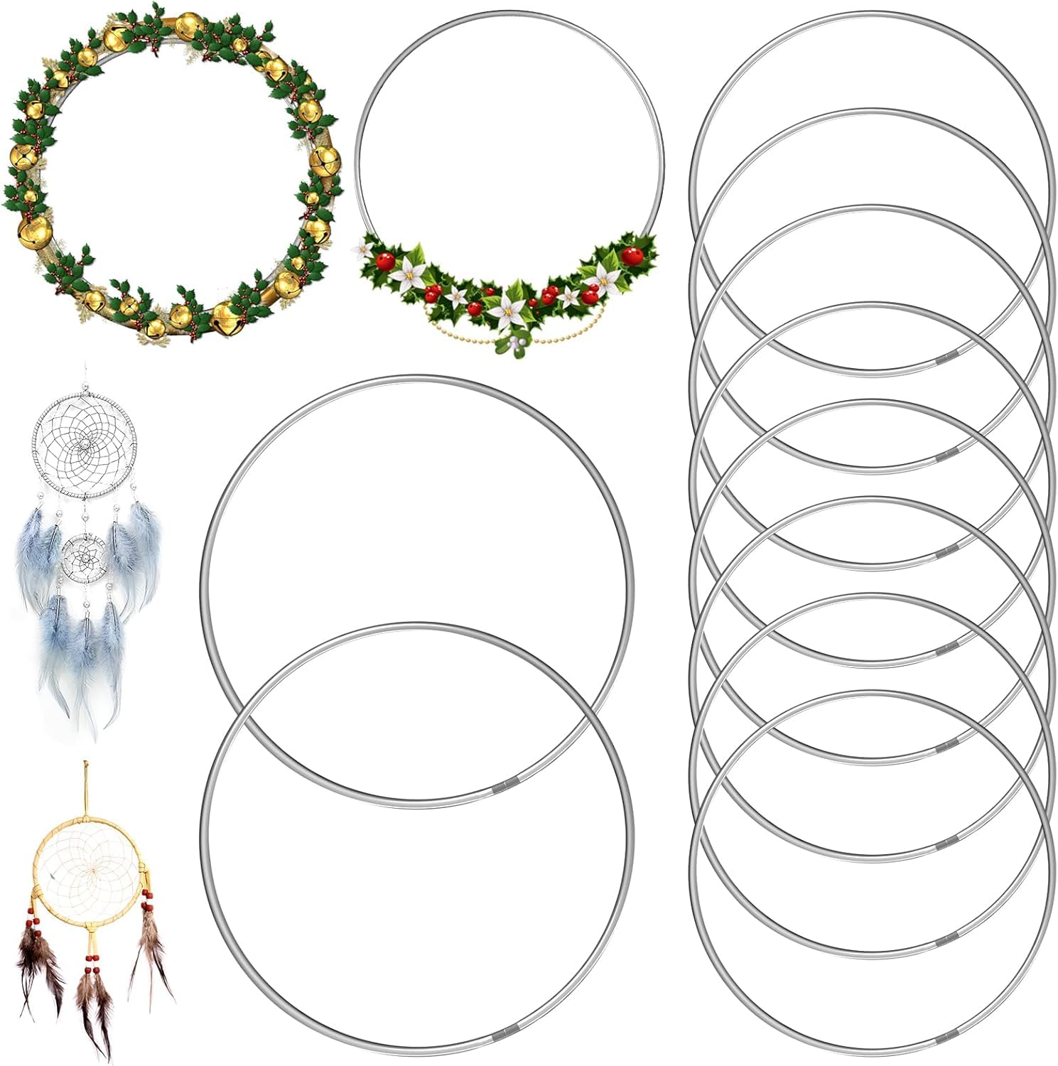 Silver & Metal Dream Catcher Ring, Hoops for 20cm Craft, Wreath, Wedding Decor - 10 Pack