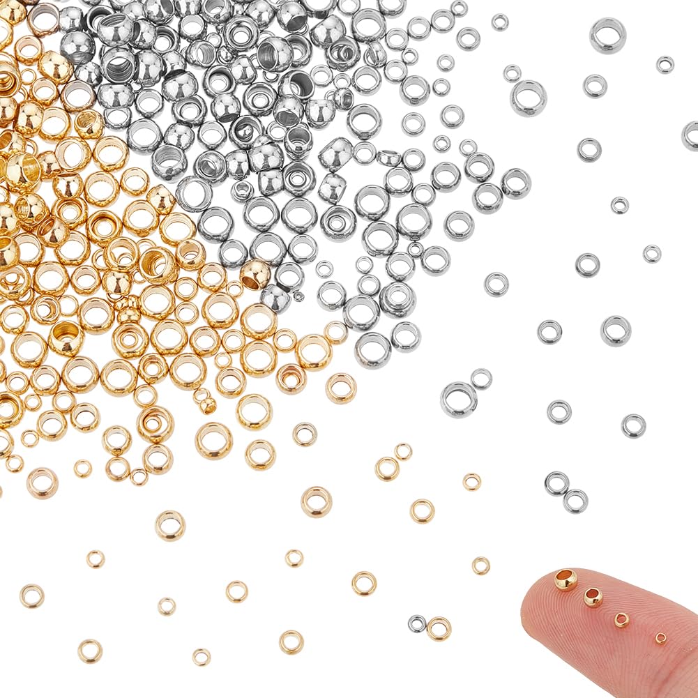 UNICRAFTALE About 4 Sizes About 400pcs Round Beads 1.5-3mm Stainless Steel Crimp Beads Spacer Beads 2 Colors Metal Smooth Bead Loose Beads for Jewelry DIY Making 0.8-2mm Hole