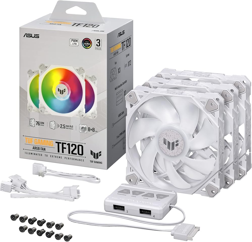 ASUS TUF Gaming TF120 ARGB White 3-Pack 120mm PWM Case Fans Fluid Bearing LED