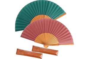 Blulu 2 Pieces Folding Handheld Silk Fan Pear Wood Vintage Spanish Fans with Leather Cover for Women Girls for Renaissance Fairs, LARP, Steampunk, Medieval, Viking, or Cosplay Costumes(Vintage Coral)
