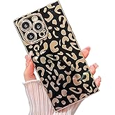 KERZZIL Elegant Compatible with iPhone 16 Pro Max Rectangle Edge Case, Cute Luxury Leopard Pattern Plating Case Camera Protector Soft TPU Shockproof Protective Corner Back Cover(Black)