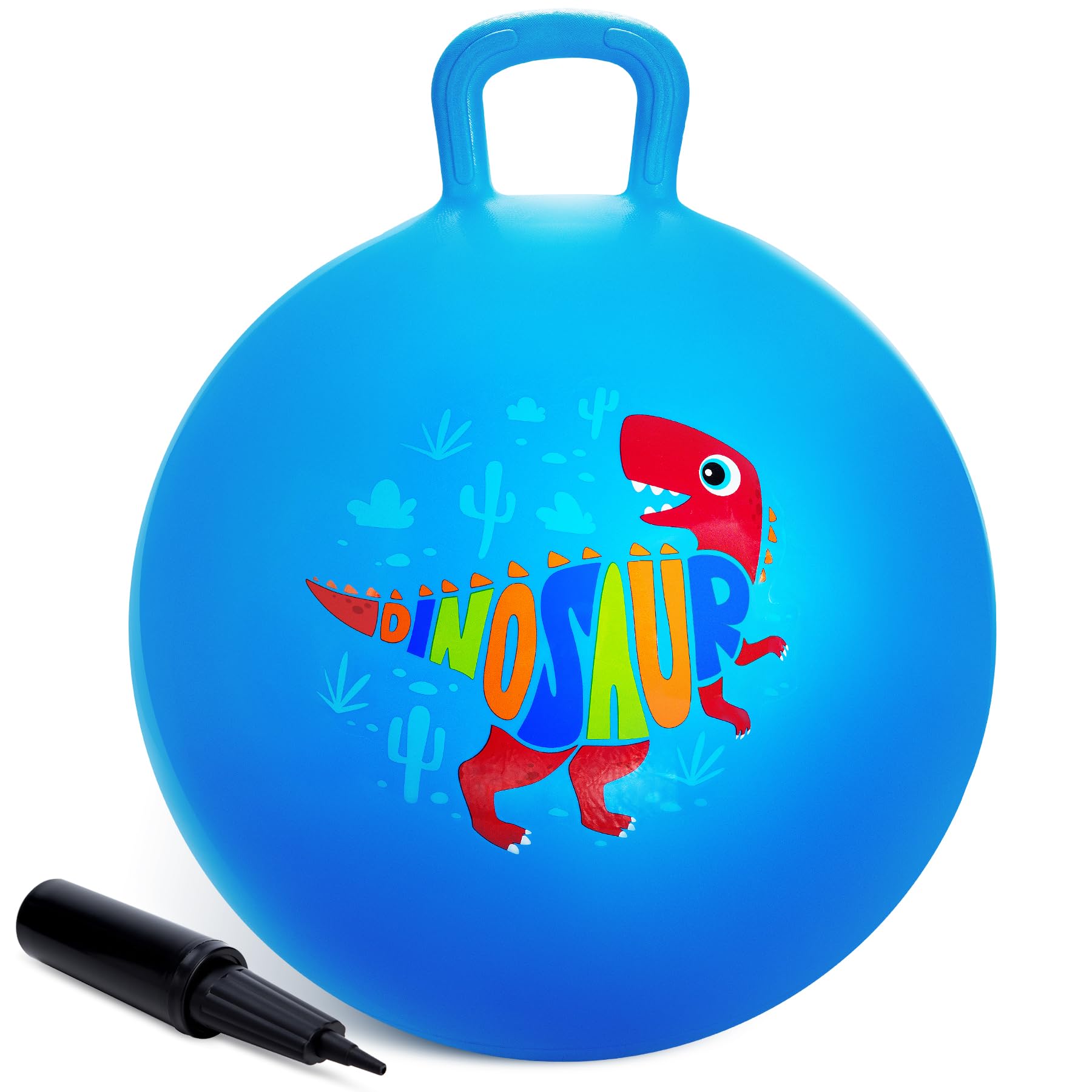 INPODAK 18inch Space Hoppers for Kids Age 3-8 Blue Dinosaur Space Hopper Anti-slip Hopper Ball with Handle Inflatable Jumping Balls with Handpump Jumping toy for Boy Girls Indoor Outdoor Garden Game — image 1