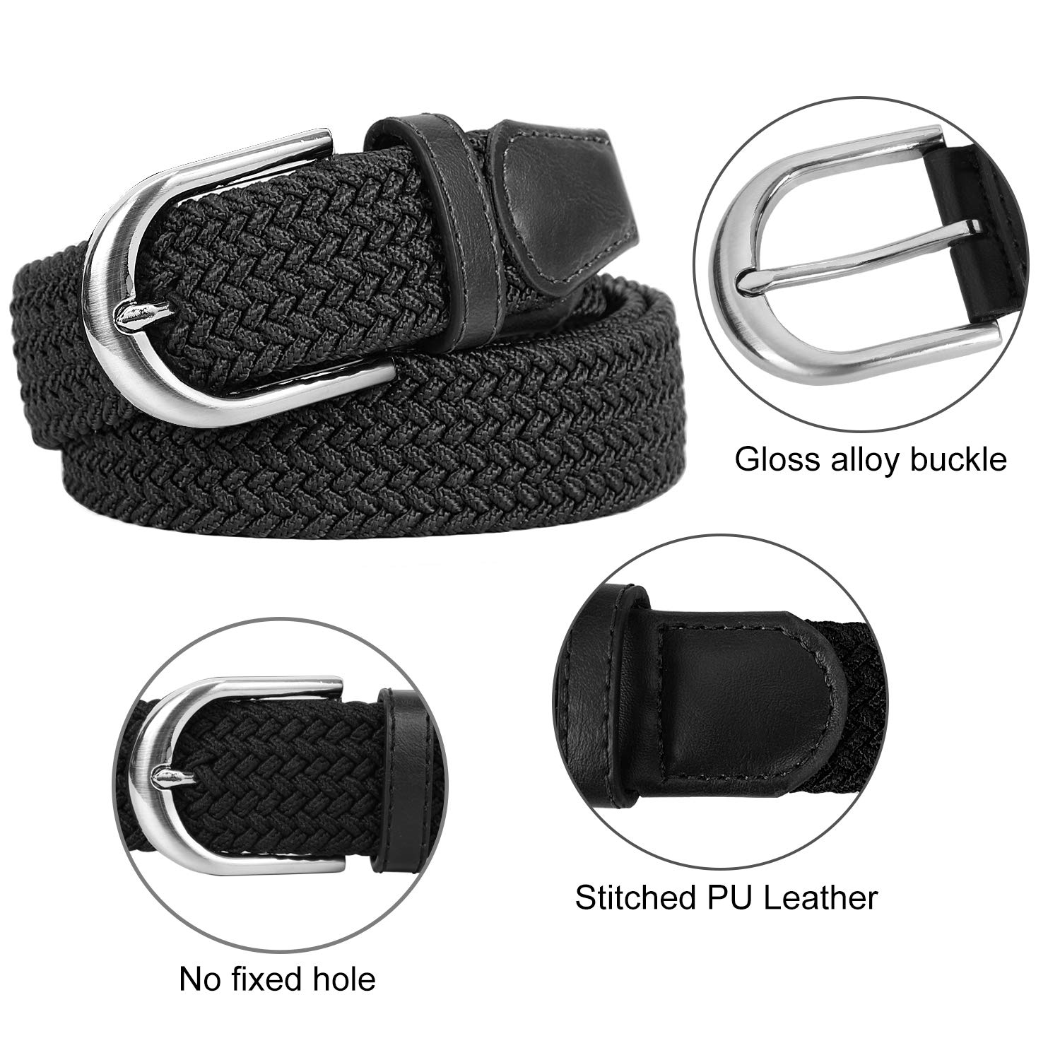 LEACOOLKEY Braided Stretch Belt for Men/Ladies Weave Canvas Elastic Woven Belt, B- Black,Medium(Suits For Pants Size:33-40 Inches)