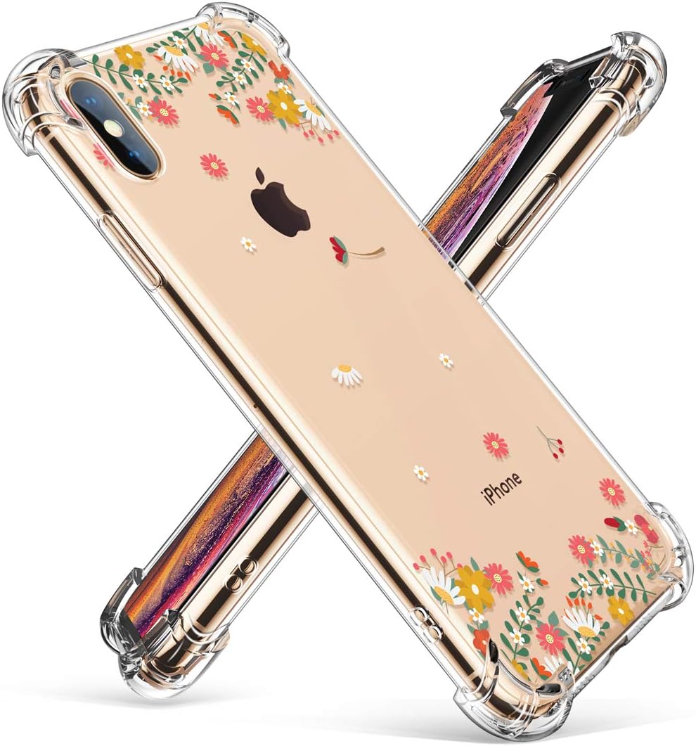 GVIEWIN Clear Compatible with iPhone Xs Max Case 6.5 Inch 2018, Flower Pattern Design Soft & Flexible TPU Ultra-Thin Shockproof Transparent Floral XS Max Phone Case Cover (Spring Flowers/Orange)