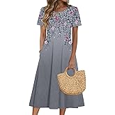 Zeagoo Womens Casual Dresses for Summer Short Sleeve Flare Midi Dress Loose Beach Sundress Pleated Front Dress with Pockets