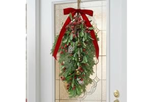 Daifunli 1pcs Christmas Teardrop Swag 30'' Mistletoe Artificial Christmas Mailbox Swag Decorative Pine Cedar Holly Berry Hanging Wreath for Cabinet Door Wall Outdoor Holiday Decor (Classic,Red)