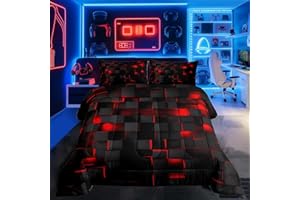 Feelyou Red and Black Bedding Set Twin Size Light Geometric Comforter Set for Kids Boys Girls Decor Comforter Modern Duvet Se