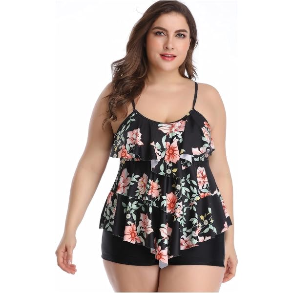 Women's Halter High Neck Tankini Top Key Hole Bathing Suit Black Yellow Floral