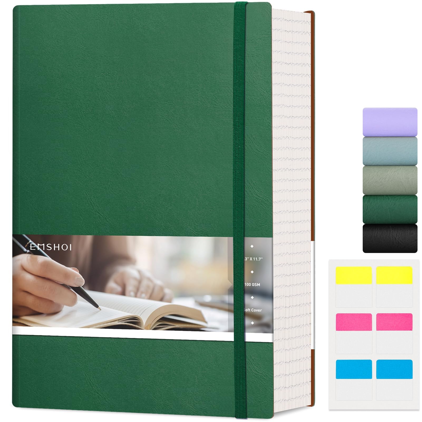 EMSHOI Composition Notebook A4-400 Pages 100GSM Thick Ruled Notepad, Large Lined Journal Vegan Leather Softcover Daily Note Book for Women Men Work School Office Writing (21.5 x 27.9cm, DarkGreen)