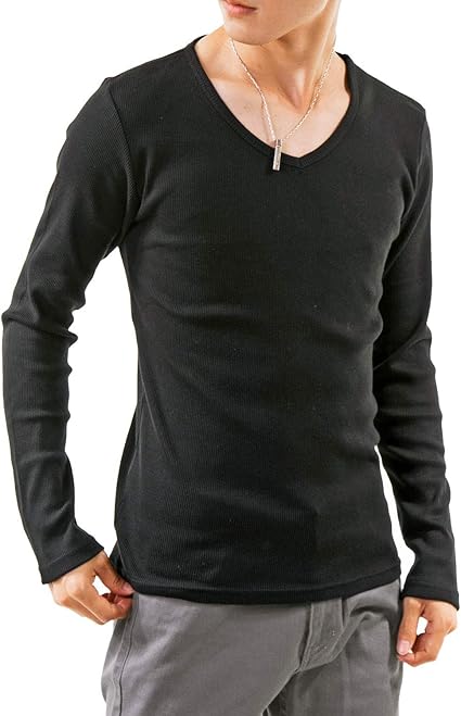 Amazon トップイズム テレコ 無地 Vネック タイト メンズ ロング Tシャツ 長袖 カットソー ロンt Tシャツ カットソー 通販