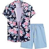 VIPWOLF Men's Cruise Attire 2 Piece Button Up Tropical Hawaiian Shirt and Beach Shorts Set