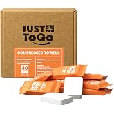 JUST TO GO Compressed Towel, Disposable Washcloths, 12 x 10 Inch, 48 Count | FSC, Travel Essential, Individually Wrapped, Biodegradable, Expand with Water, Lint-Free, Dry &amp; Wet Use, Camping and Hiking