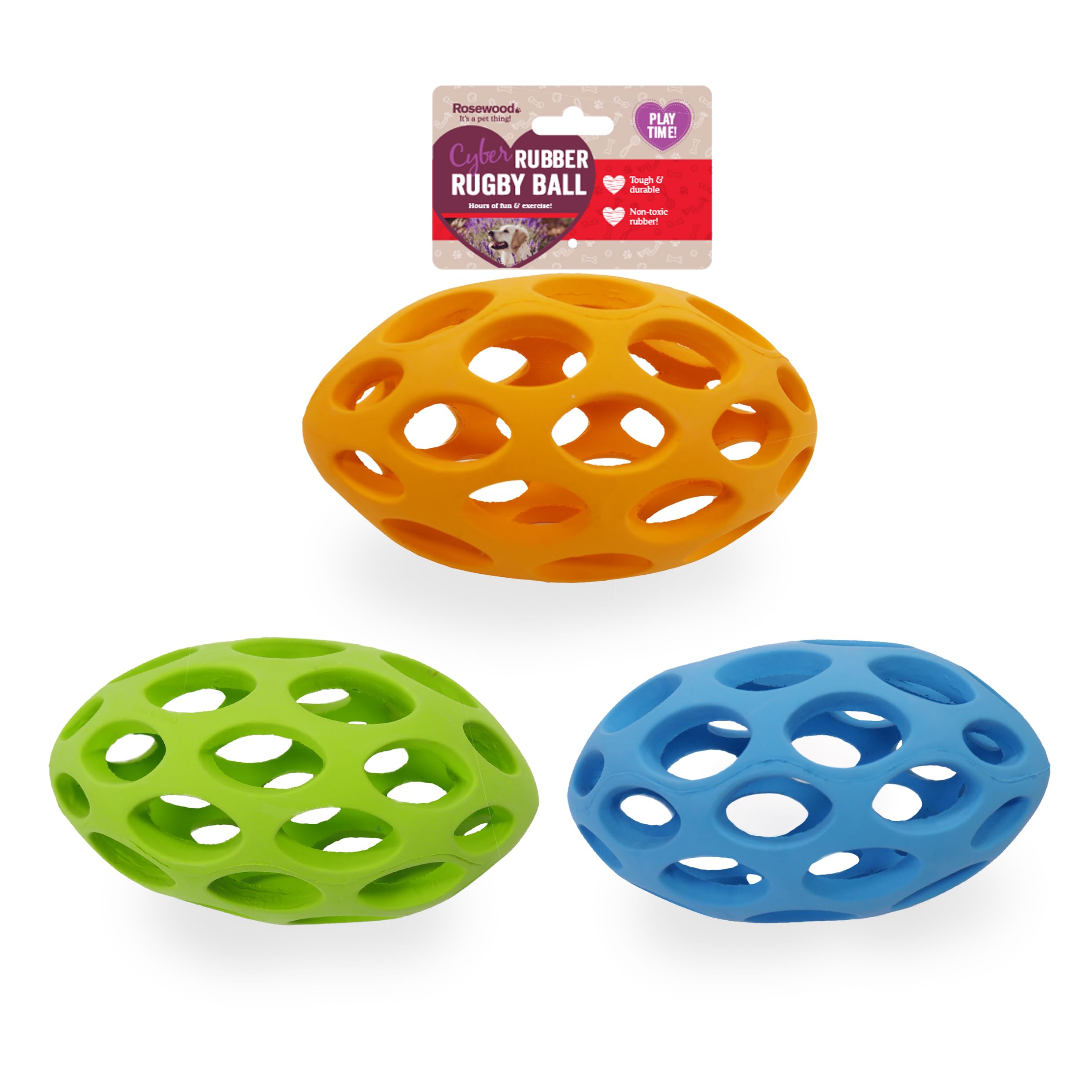 Rosewood Cyber Rubber Lattice Rugby Ball for Dogs - Tough, Interactive Dog Toy for Chewing, Fetch and Play - Non-Toxic Rubber - Suitable for Adult Dogs and Puppies - Assorted Colours (1pc)
