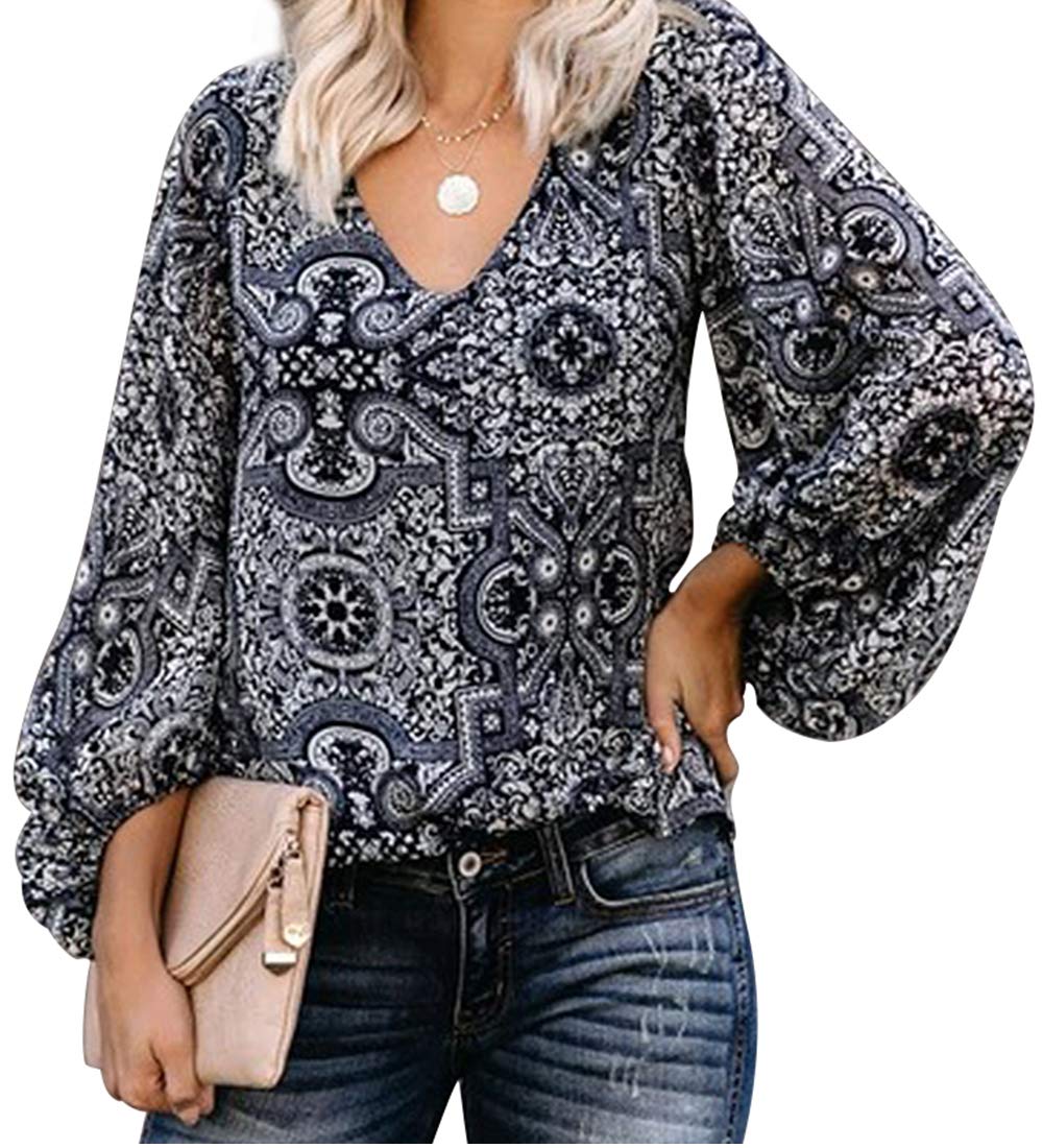 BABEIYXM Women\'s V Neck Boho Tops Balloon Sleeve Chiffon Blouses Paisley Print Casual Work Shirts M