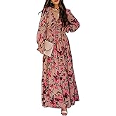 BLENCOT Womens Casual Boho Floral Printed V Neck Long Sleeve Long Maxi Dress Spring Summer Dresses