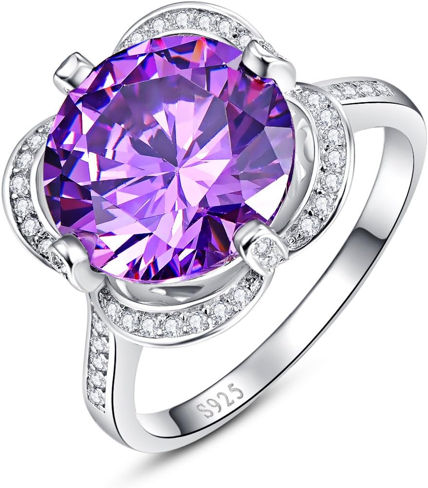 AVECON Women's 925 Sterling Silver Created Amethyst & CZ Solitaire Engagement Ring Eternity Band