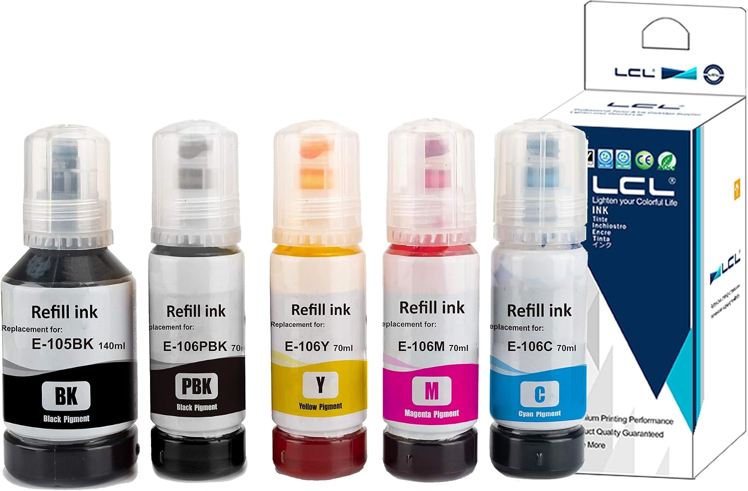 LCL 105 106 High Capacity Ink Bottle Replacement for Epson EcoTank 105 106 Ink Refill Bottle Multipack Compatible with Epson EcoTank L7160 L7180 ET-7700 ET-7750 Printers (5 Pack)