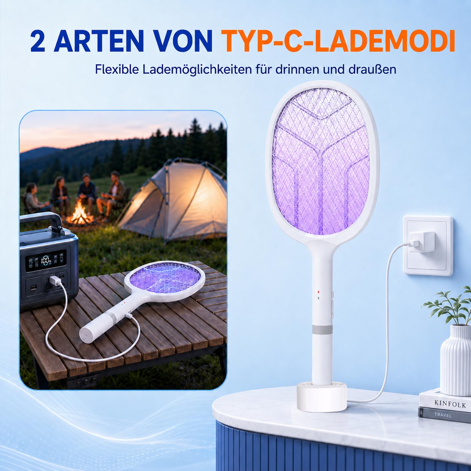Elektrische Fliegenklatsche: 4800V Fliegenklatsche Elektrisch mit UV Lichtfalle, 2 in 1 USB mit 2000 mAh Akku Aufladbar Abnehmbar Elektro Mückenklatsche mit Ladestation, für Mücken-One 5