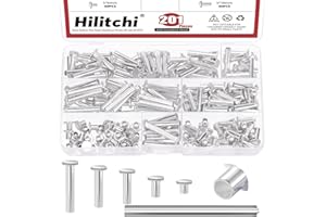Hilitchi 201PCS M5 Aluminum Flat Head Semi-Tubular Rivets with Punch Assortment Kits Aluminum Round Flat Head Rivet Silver Round Semi Tubular Rivets for Craft Repairs Decoration