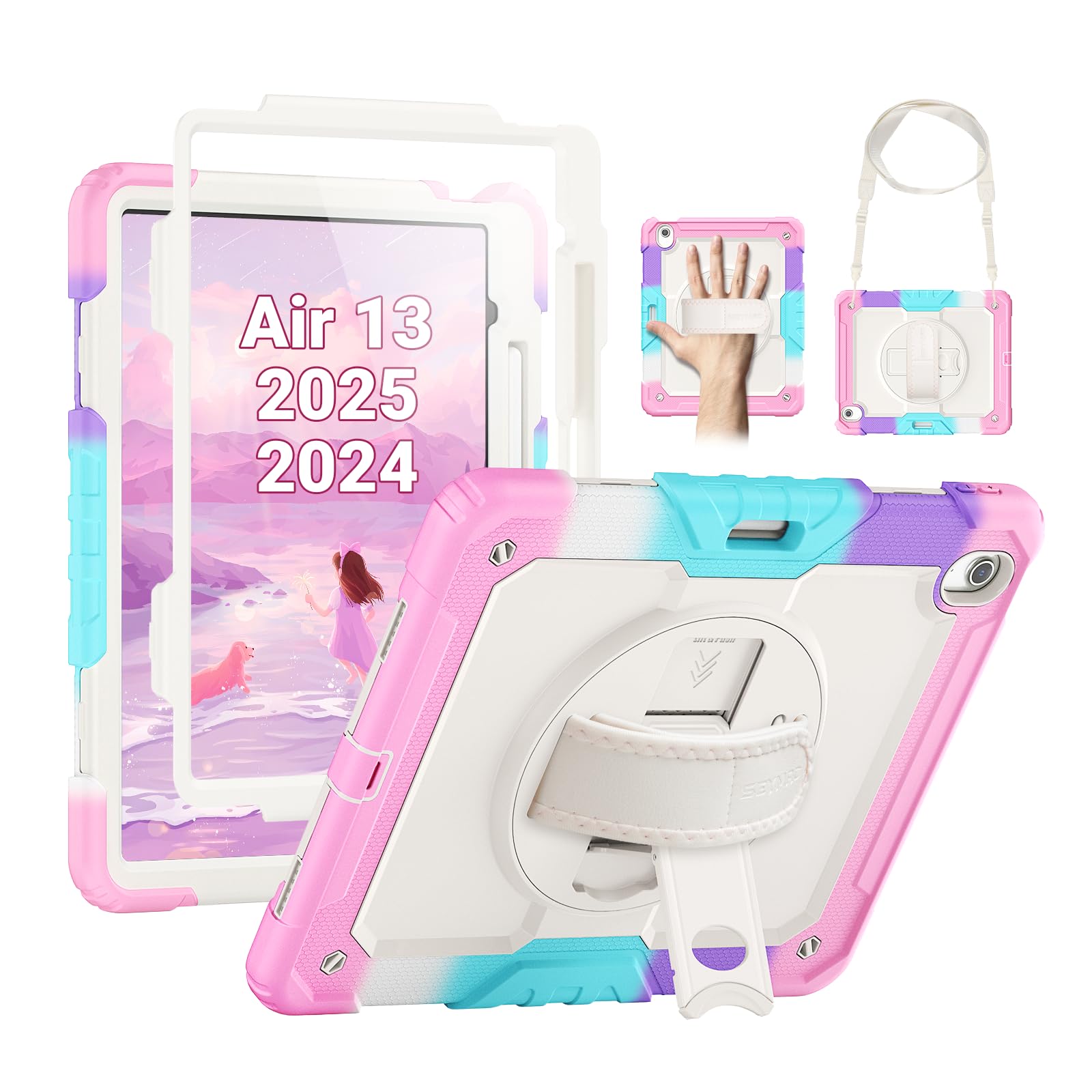 Photo 1 of SEYMAC for iPad Air 13 Inch Case M3 2025/ M2 2024, Heavy Duty Shockproof Protective Case with Screen Protector, Rotating Stand, Hand/Shoulder Strap and Pen Holder for iPad Air 13, Colorful Pink