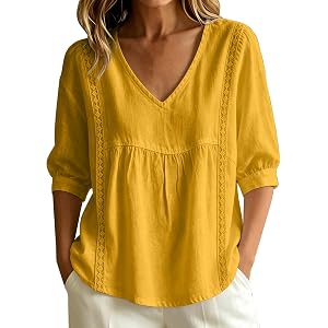 Fall Tops for Women Lace Patchwork V-Neck Casual 3/4 Sleeve Shirt Pleated Front Loose Fit Lightweight Pullover Top