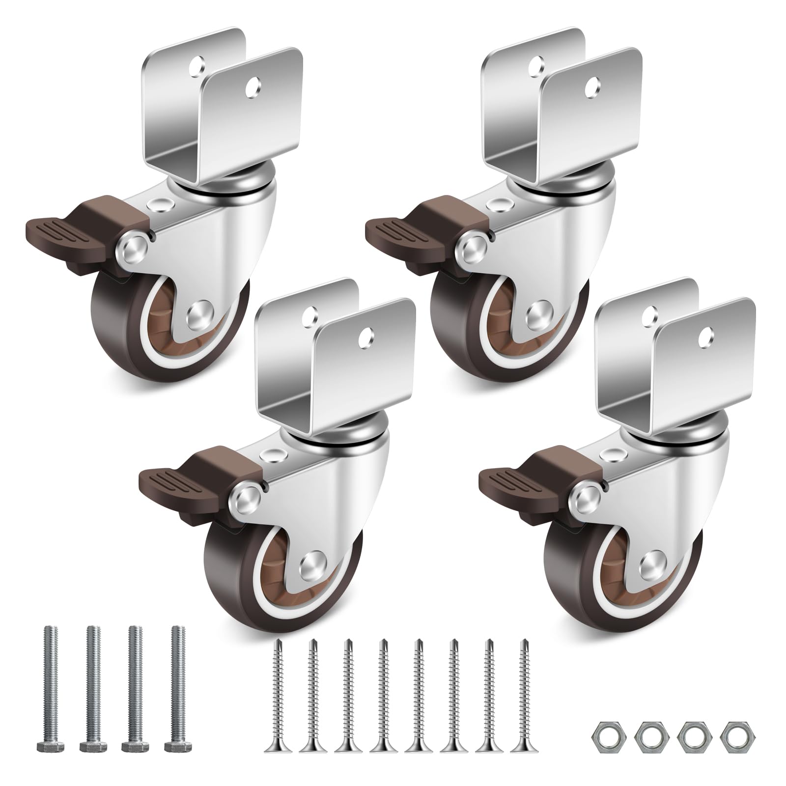 Photo 1 of Nefish 2 Inch Caster Wheels with 3/4” (20 mm) U Bracket, Small Rubber Casters Set of 4 with Brake, 360 Degree Ball Bearing Plate Swivel Castors Wheels, Crib Caster Wheels for Dresser, Cabinet, Desk