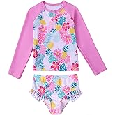 Valcatch Girls Rash Guard Swimsuit Set 2 Piece Long Sleeve UPF 50+ Quick Dry Bathing Suit with Ruffle Shorts for Kids