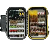 Fly Fishing Flies Kit 100 Pcs with Waterproof Floating Fly Box, Dry/Wet Flies Nymphs Streamers Popper Assortment for Trout Salmon Bass Steelhead