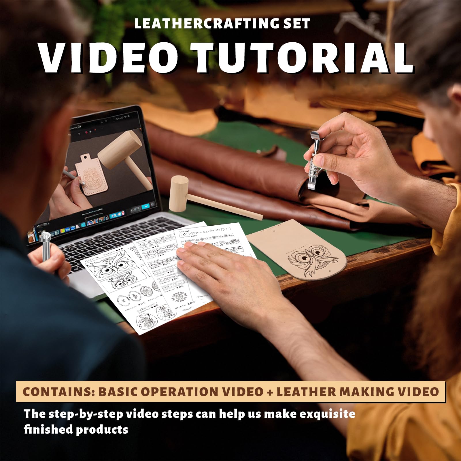 Leather Crafting Kit: Leather Working Tools and Supplies for DIY Craft Beginners Stamping Dyeing Carving Sewing Edge Sealing with Video Tutorials for Earrings Wallet Keychain Wristband Bookmark