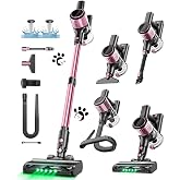 Cordless Vacuum Cleaner, 10 in 1 Stick Vacuum with Powerful Suction, Hose, Green LED Light, Anti-Tangle Brush, Lightweight Rechargeable Vacuum Cleaner for Home, Hardwood Floors, Carpets, Pet Hair,Pink