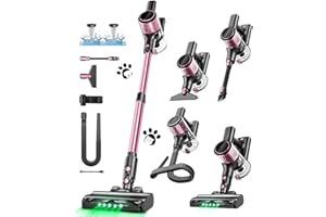 OIRFND Cordless Vacuum Cleaner, 10 in 1 Stick Vacuum with Powerful Suction, Hose, Green LED Light, Anti-Tangle Brush, Lightweight Rechargeable Vacuum Cleaner for Home, Hardwood Floors, Carpets, Pet Hair,Pink