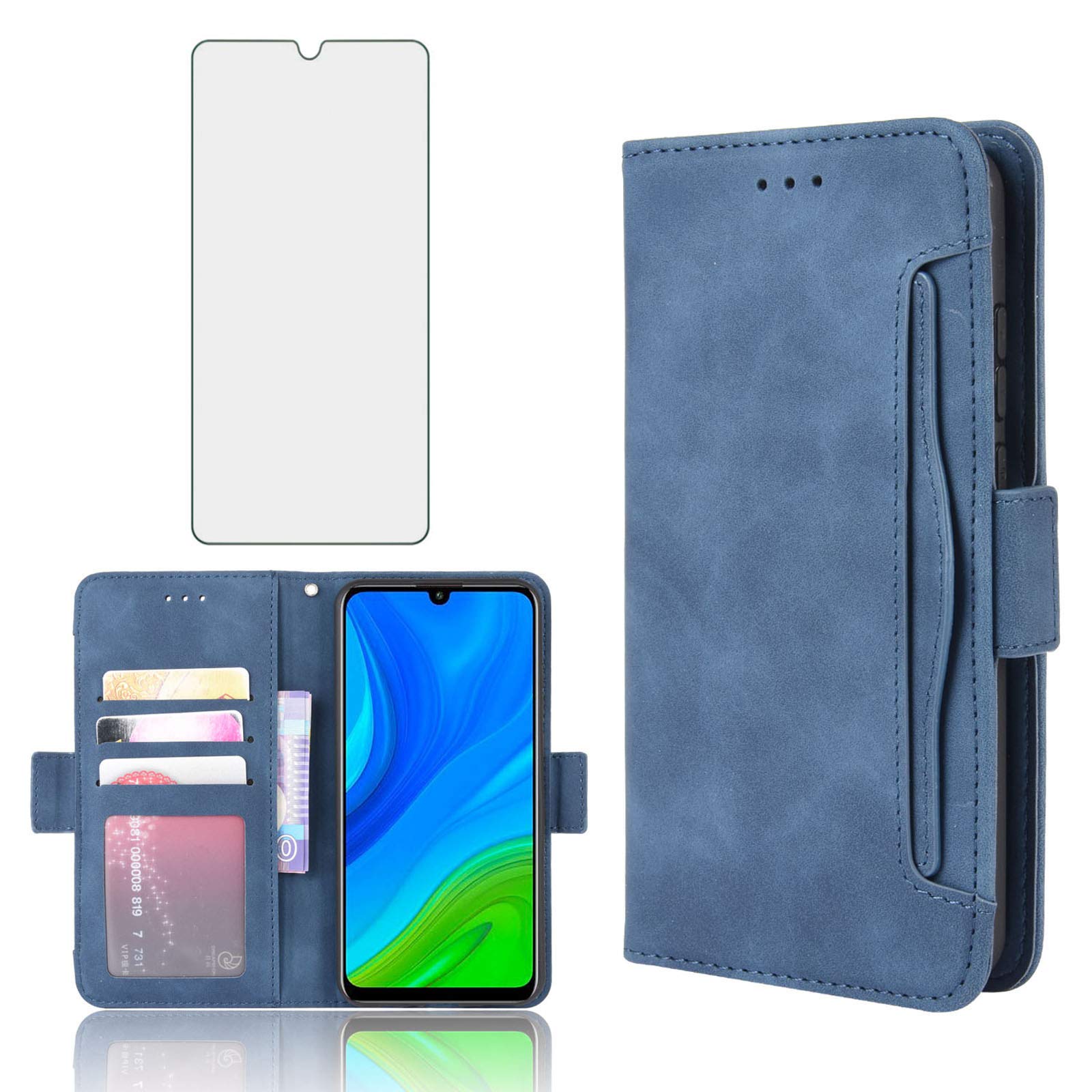 Asuwish Compatible with P Smart 2020 Wallet Case Tempered Glass Screen Protector and Leather Flip Card Holder Stand Kickstand Shockproof Cell Accessories Phone Cases for PSmart Women Men Blue — image 1