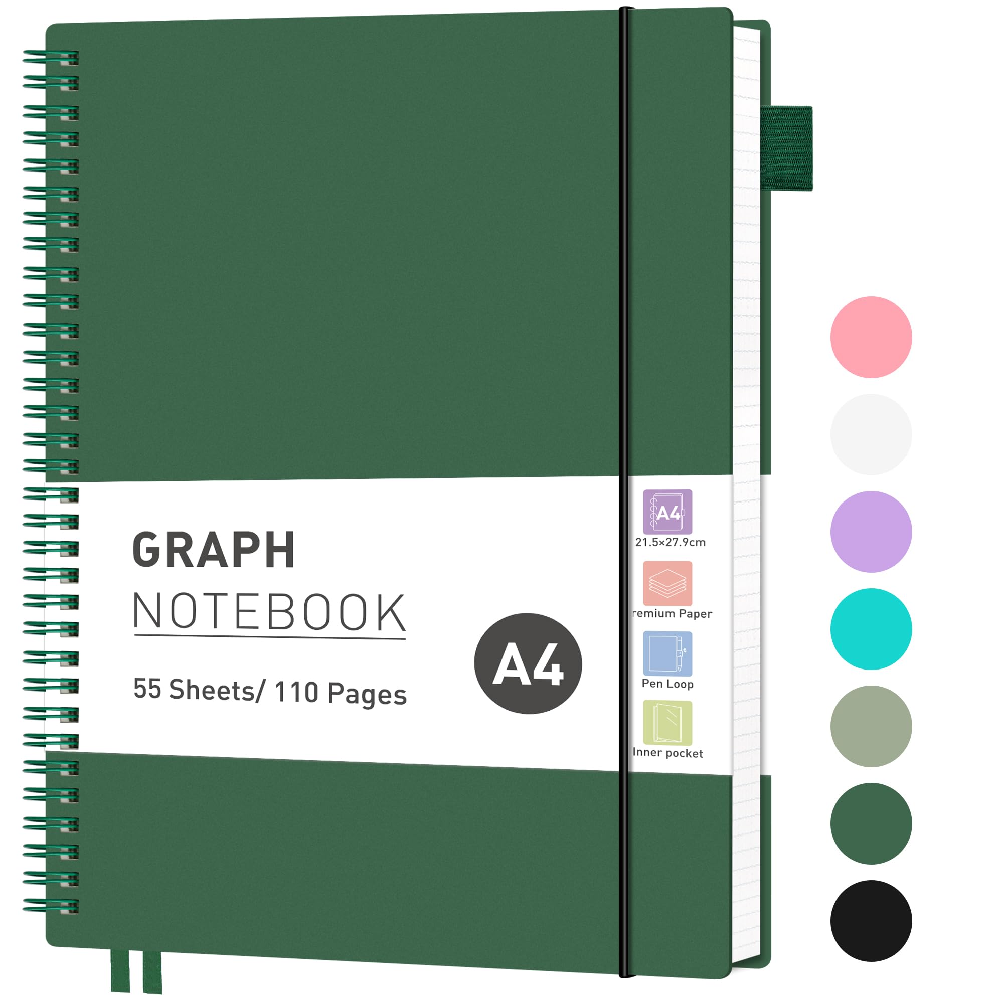 RETTACY Graph Grid Paper Notebook, 110 Pages, A4 Size (21.5 x 28 cm), 5mm per Square, 100 GSM Thick Paper, Flexible Plastic Cover, Spiral-bound, for School, Students, Math, Engineering (Dark Green)
