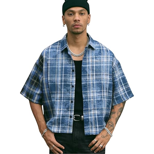 トップス BELVET Cropped checkered shirt Navy Amazon.com: GORGLITTER Men's Gingham Cropped Shirt Button Up