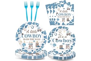 OBUSATT 96 Pcs Western Baby Shower Plates and Napkins Party Supplies Western Cowboy Tableware Set Little Cowboy Party Decorations Favors for Cowboy Baby Shower Serves 24 Guests