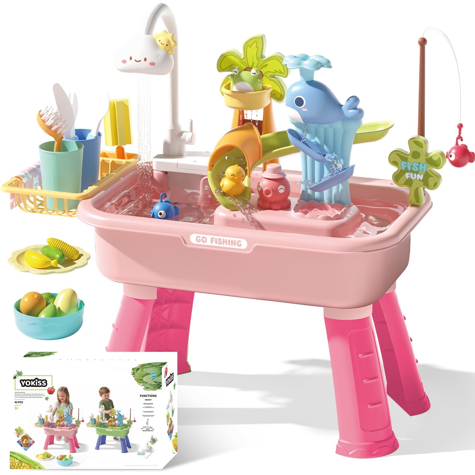 YOKISS Sand and Water Table Toy for Toddlers, 22 Piece Toy Accessories, 4L Large Capacity Basin, Fishing Game/Kitchen Sink Toys, Perfect Summer Gift for Kids Ages 3-8 (Pink)